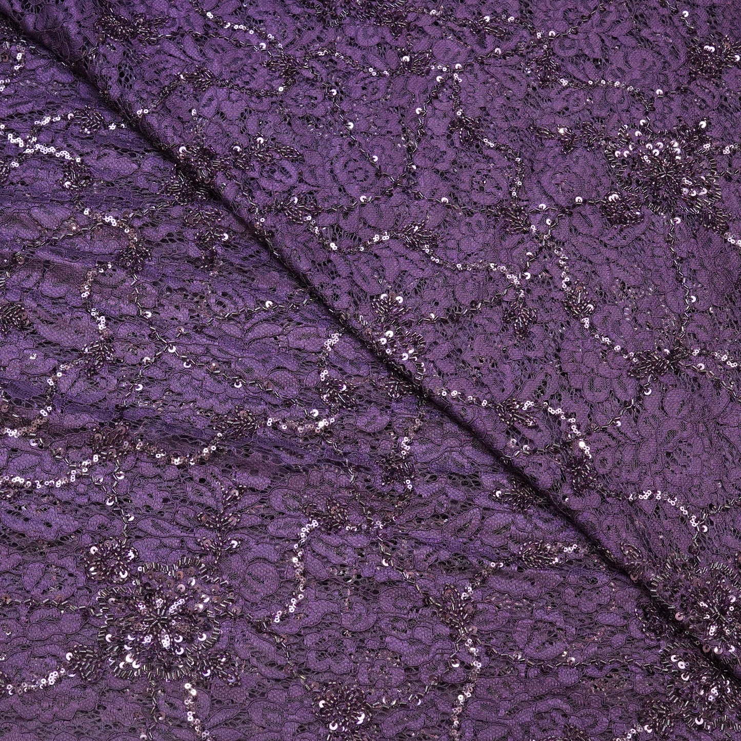Royal Purple Lace Sequin Embroidered Fabric.