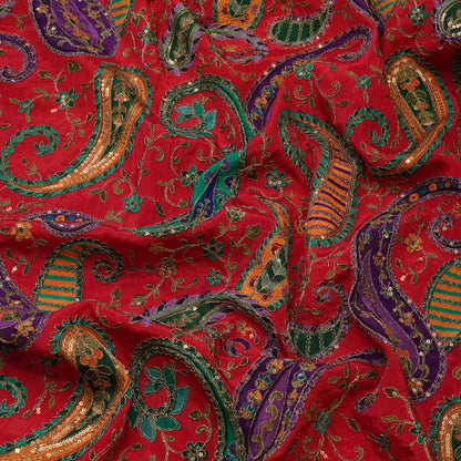 Premium Red Multicolor Paisley Embroidered Fabric.