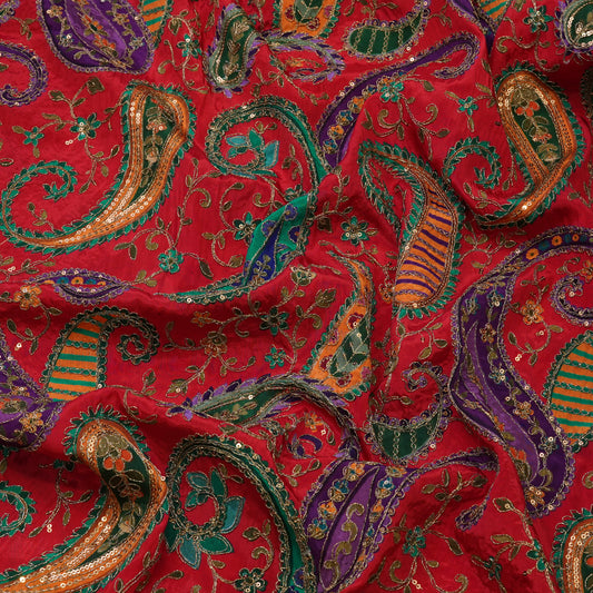 Premium Red Multicolor Paisley Embroidered Fabric.