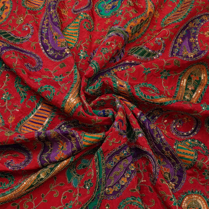 Premium Red Multicolor Paisley Embroidered Fabric.