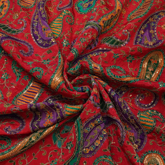 Premium Red Multicolor Paisley Embroidered Fabric.