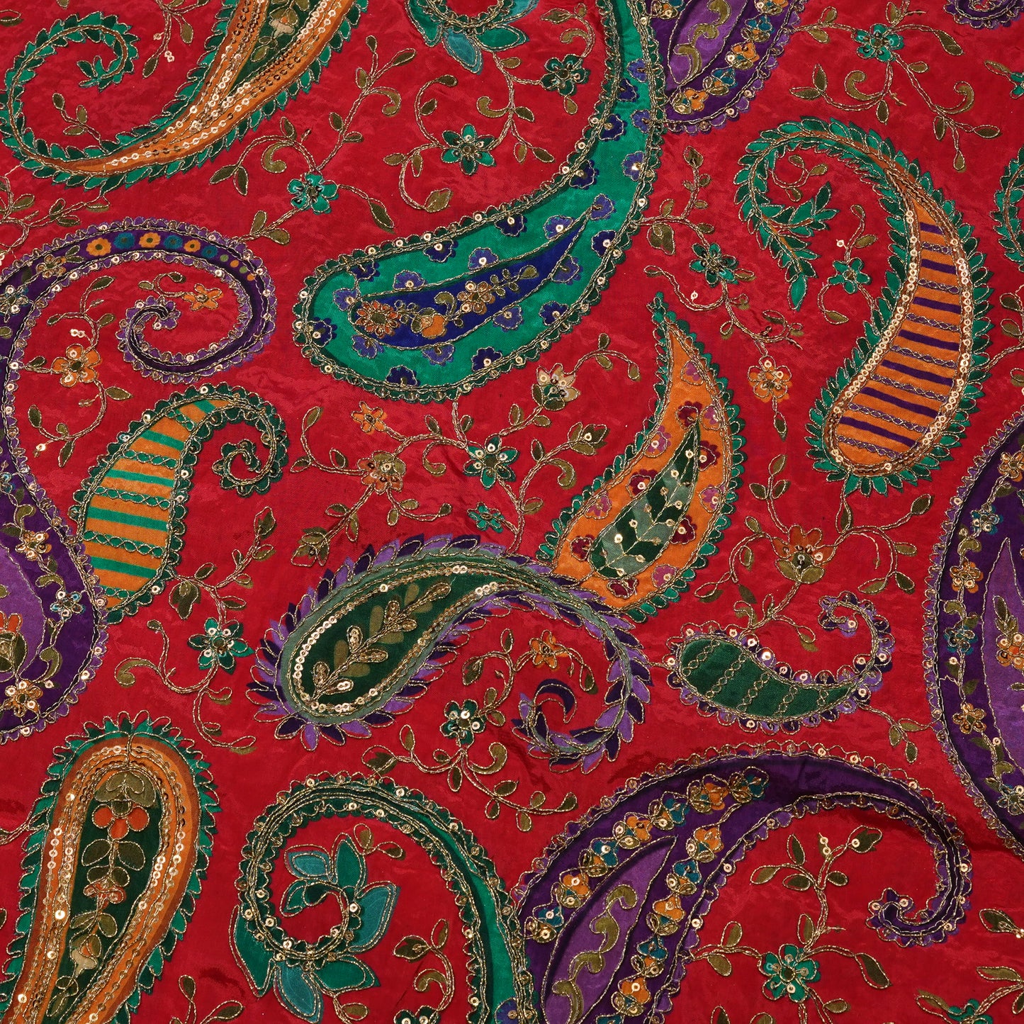 Premium Red Multicolor Paisley Embroidered Fabric.
