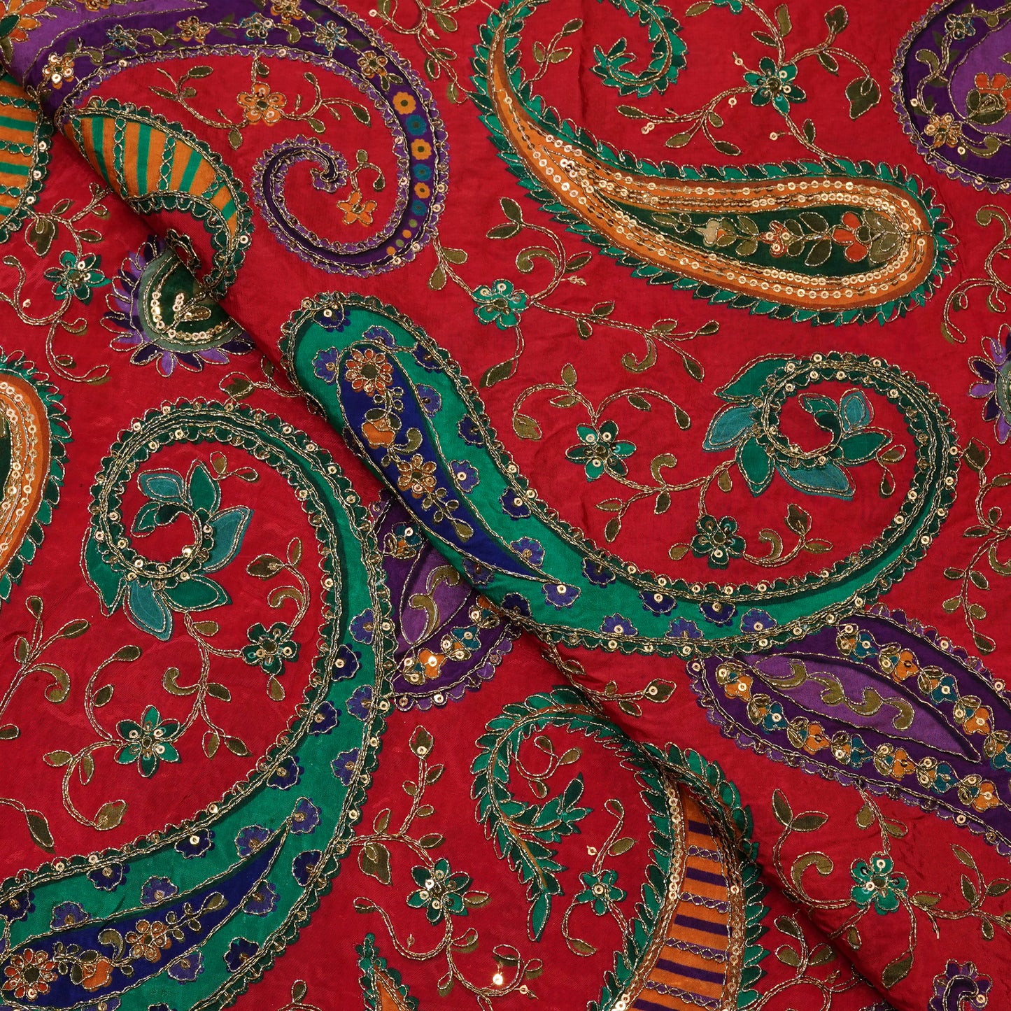 Premium Red Multicolor Paisley Embroidered Fabric.