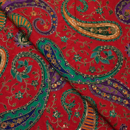 Premium Red Multicolor Paisley Embroidered Fabric.