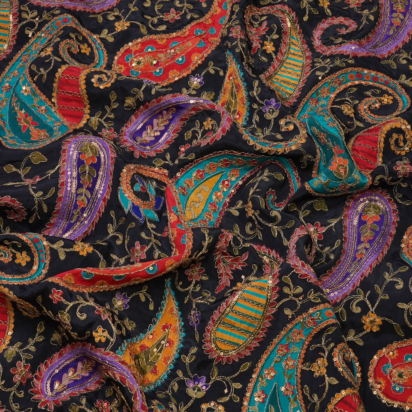 Premium Black Multicolor Paisley Embroidered Fabric.
