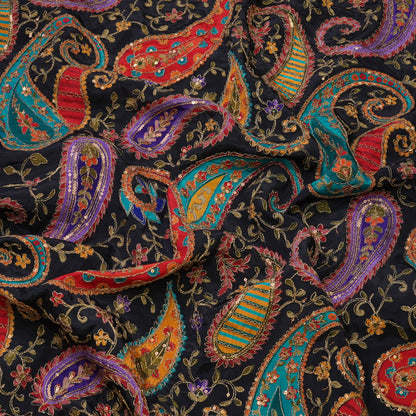 Premium Black Multicolor Paisley Embroidered Fabric.