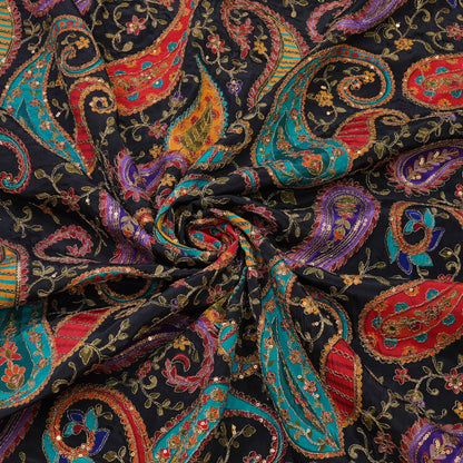 Premium Black Multicolor Paisley Embroidered Fabric.