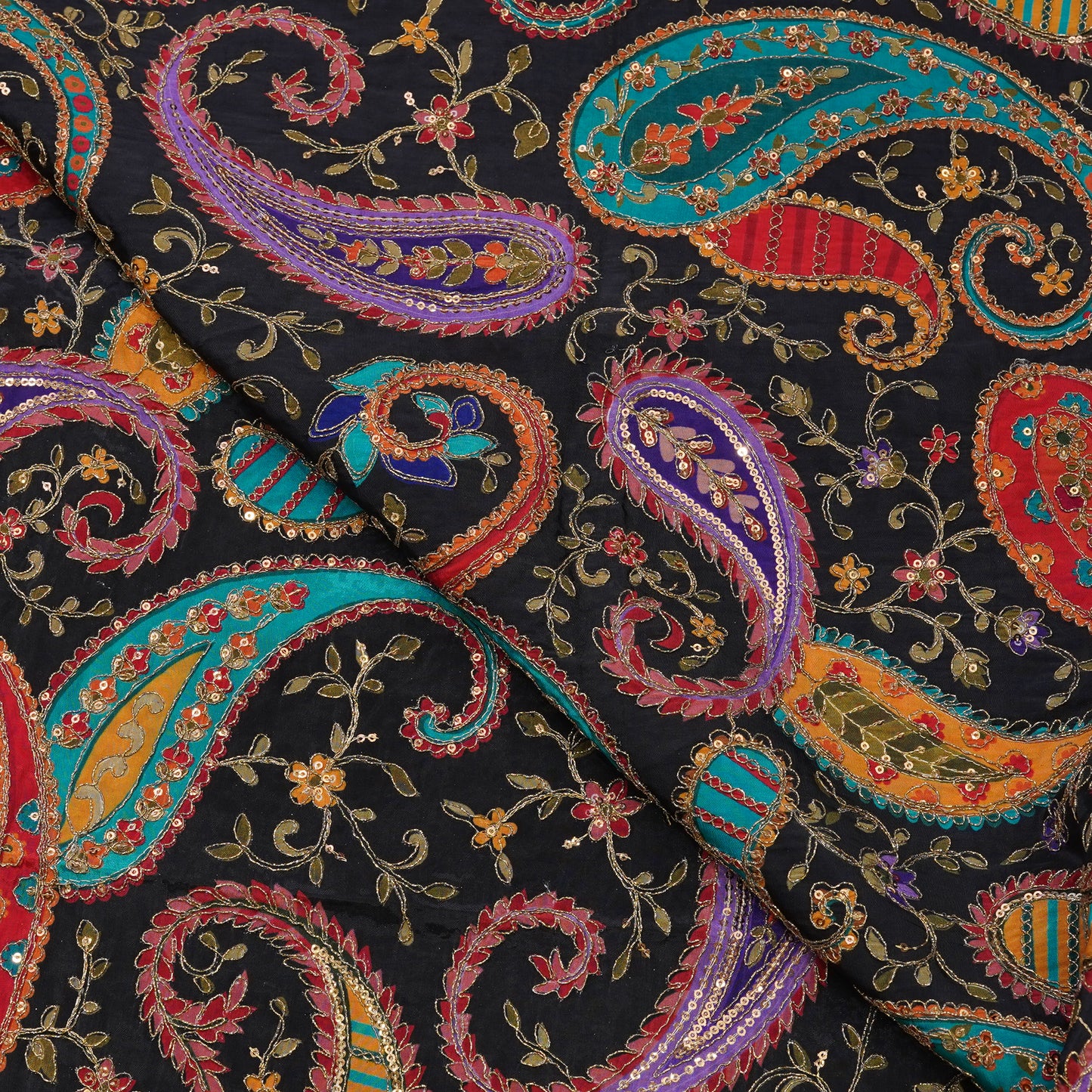 Premium Black Multicolor Paisley Embroidered Fabric.