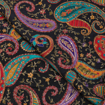 Premium Black Multicolor Paisley Embroidered Fabric.