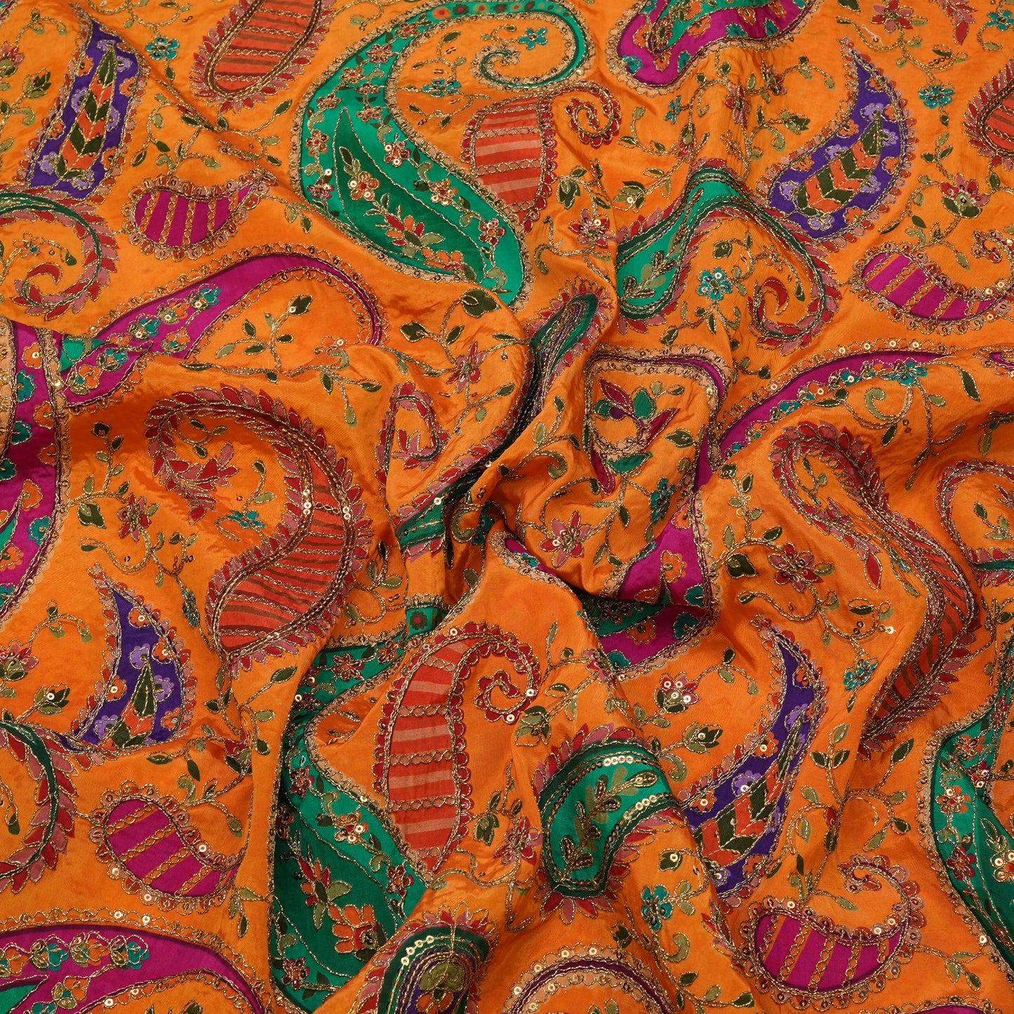 Vibrant Orange Paisley Embroidery Fabric.