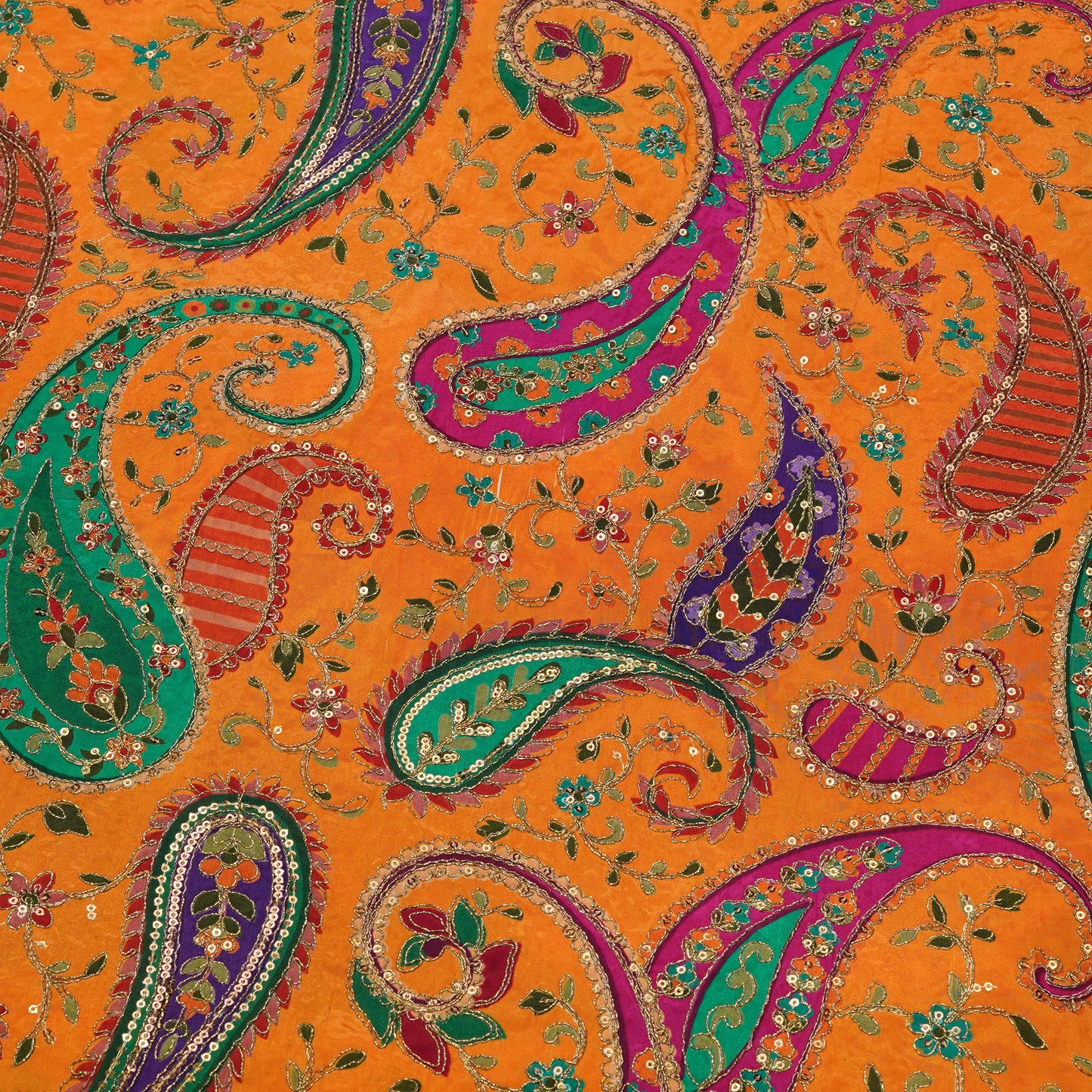 Vibrant Orange Paisley Embroidery Fabric.