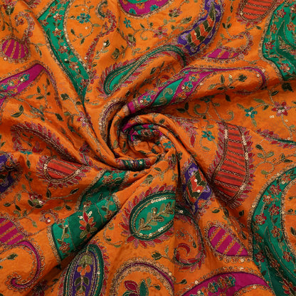 Vibrant Orange Paisley Embroidery Fabric.