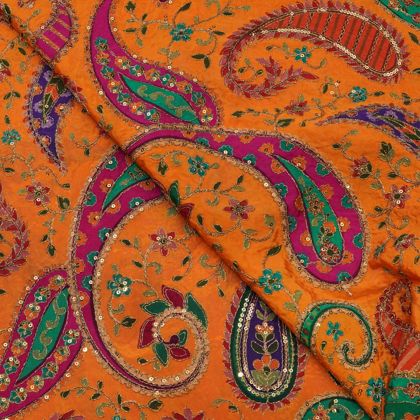 Vibrant Orange Paisley Embroidery Fabric.