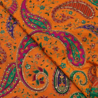 Vibrant Orange Paisley Embroidery Fabric.
