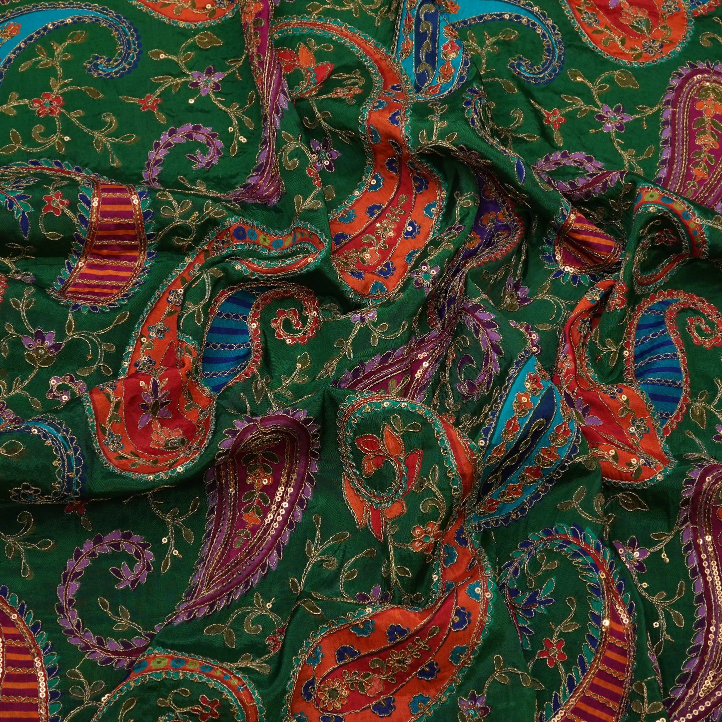 Emerald Green Multicolor Paisley Embroidery Fabric.