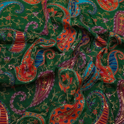 Emerald Green Multicolor Paisley Embroidery Fabric.