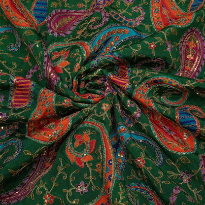 Emerald Green Multicolor Paisley Embroidery Fabric.