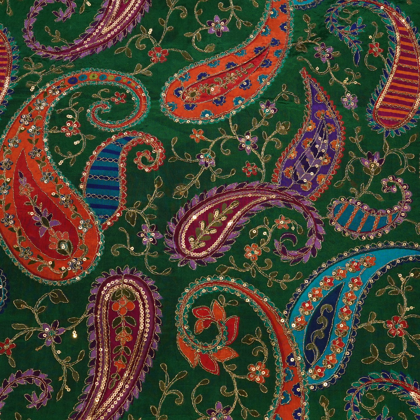 Emerald Green Multicolor Paisley Embroidery Fabric.