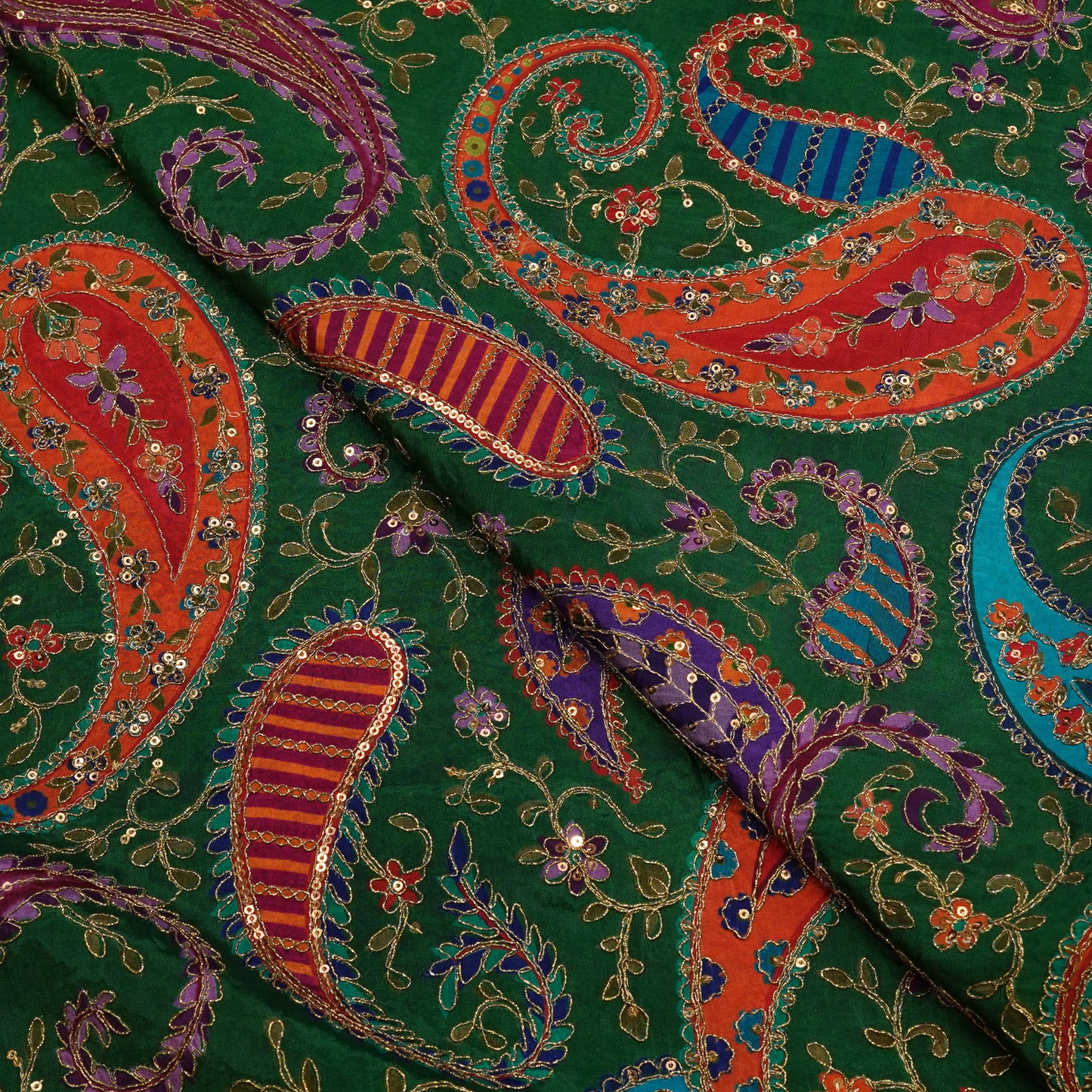 Emerald Green Multicolor Paisley Embroidery Fabric.