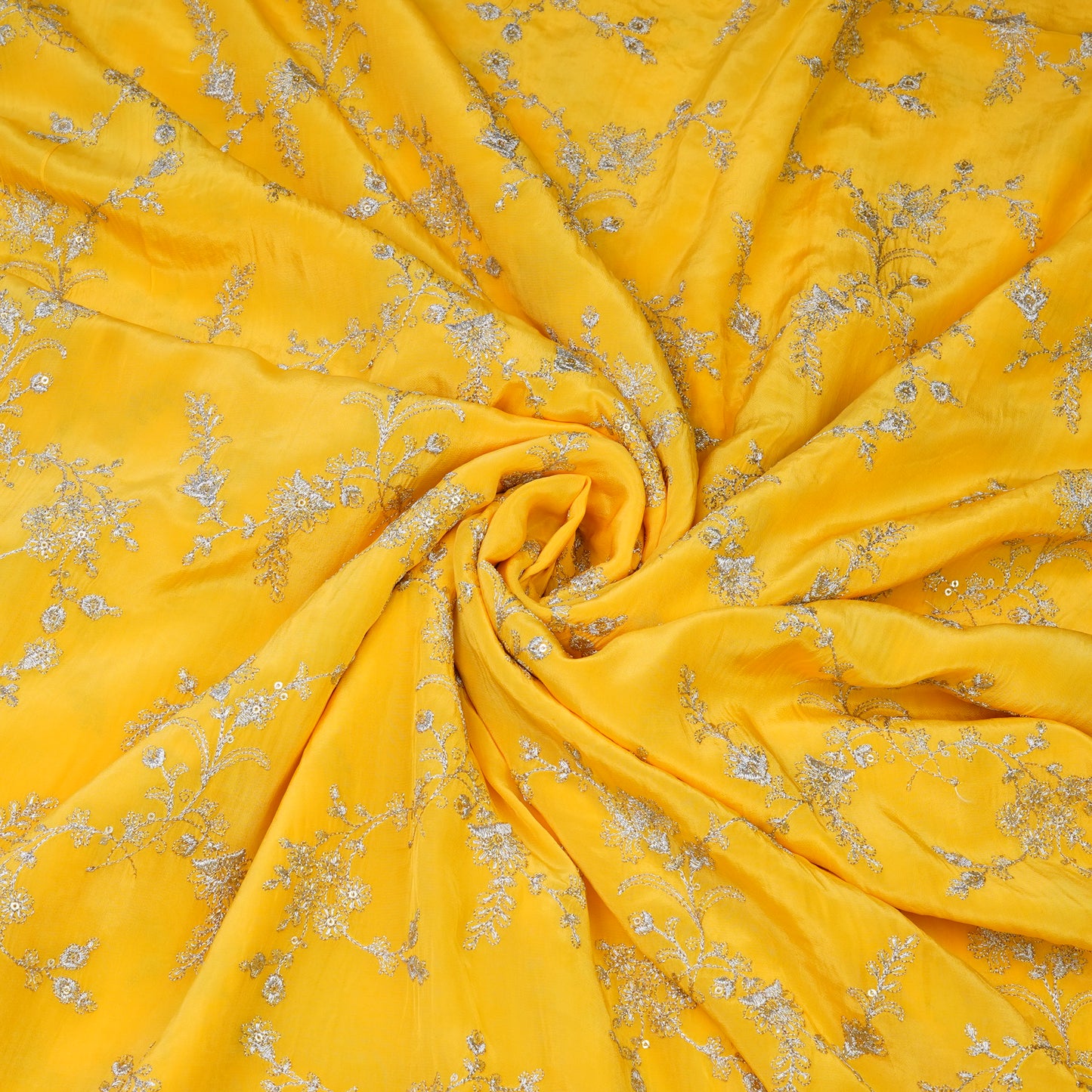 Mustard Yellow Silver Floral Embroidery Fabric