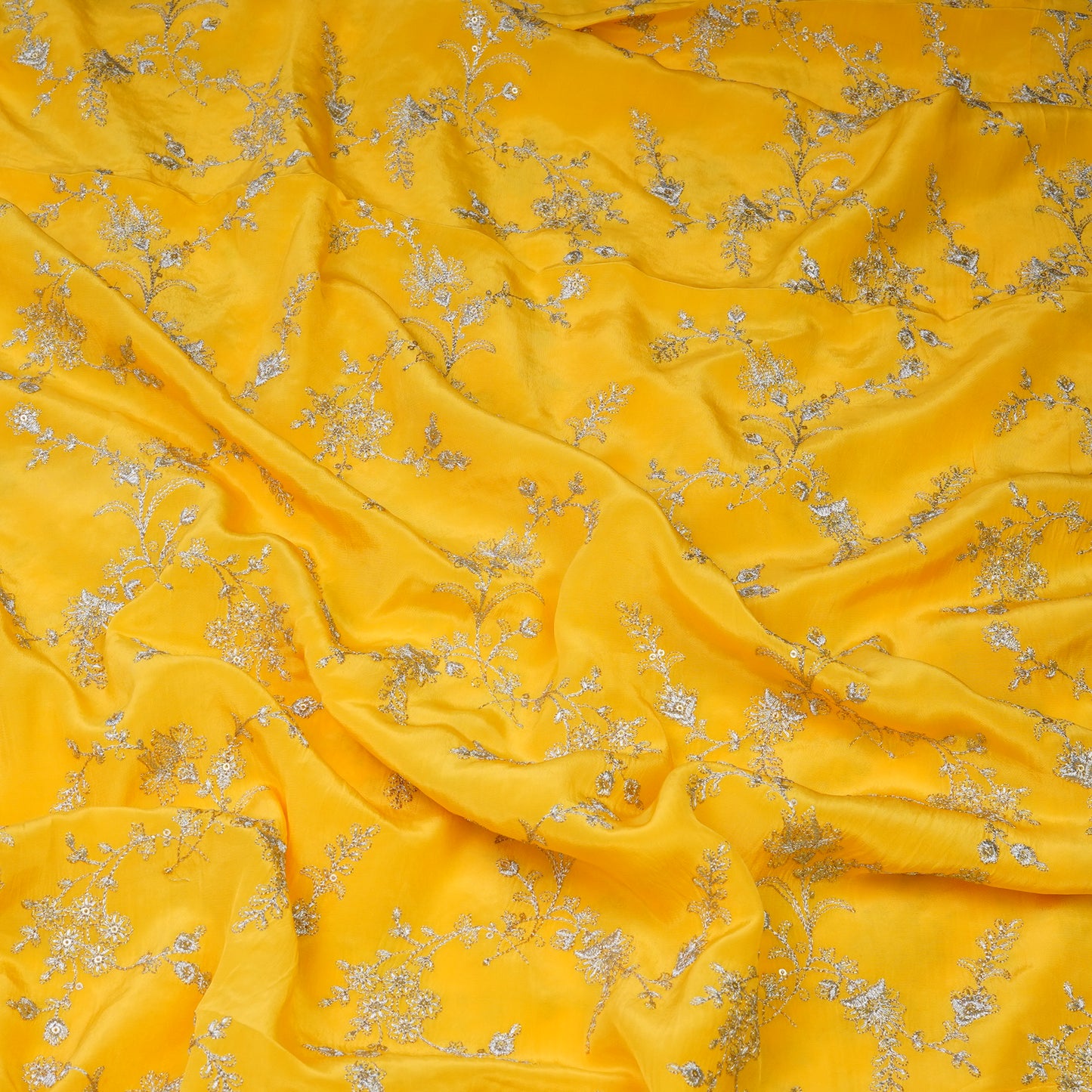 Mustard Yellow Silver Floral Embroidery Fabric