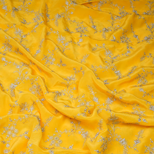 Mustard Yellow Silver Floral Embroidery Fabric