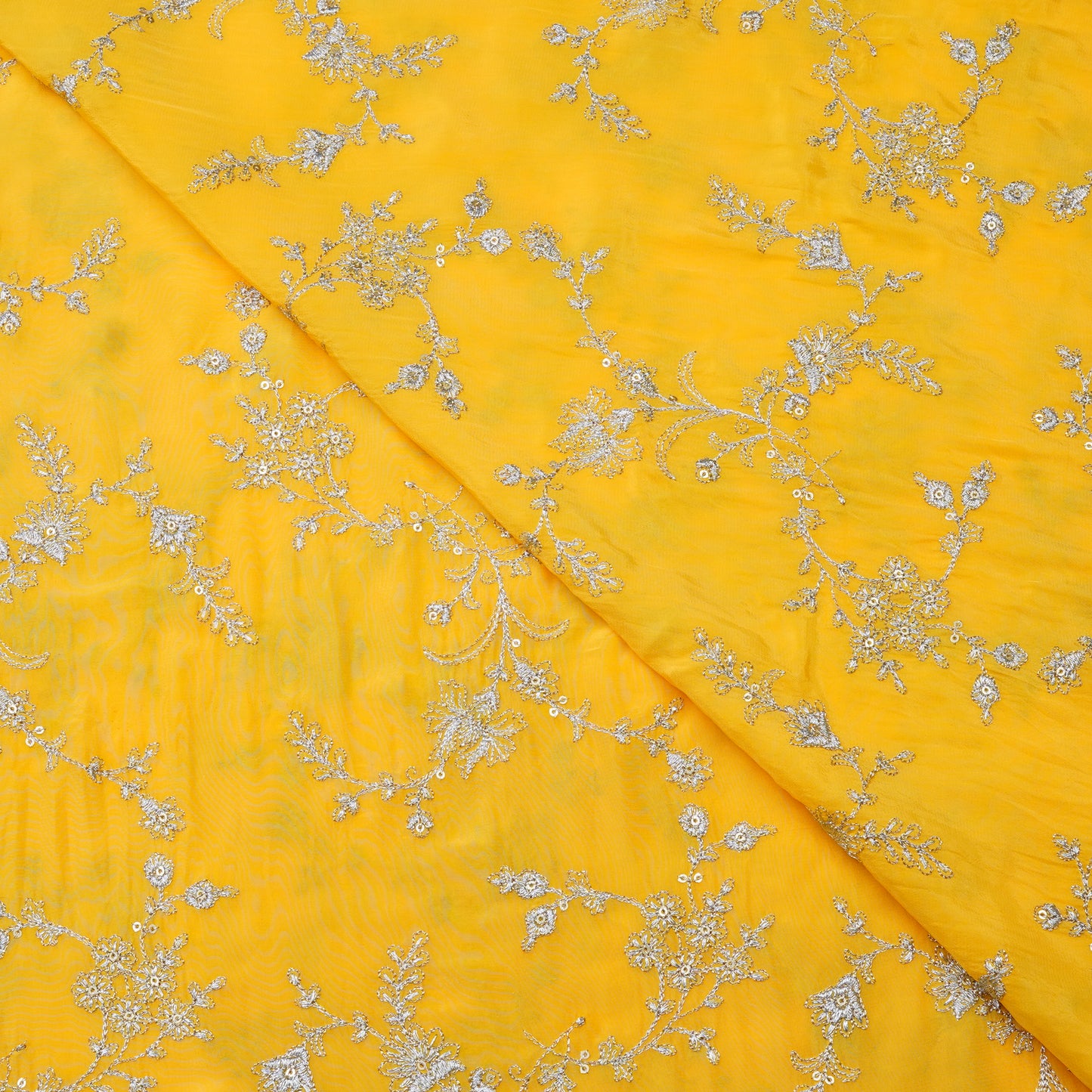 Mustard Yellow Silver Floral Embroidery Fabric