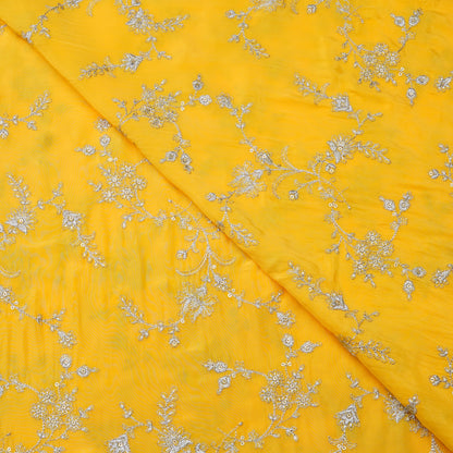 Mustard Yellow Silver Floral Embroidery Fabric