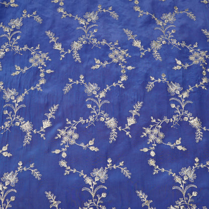 Royal Blue Silver Floral Embroidery Fabric.