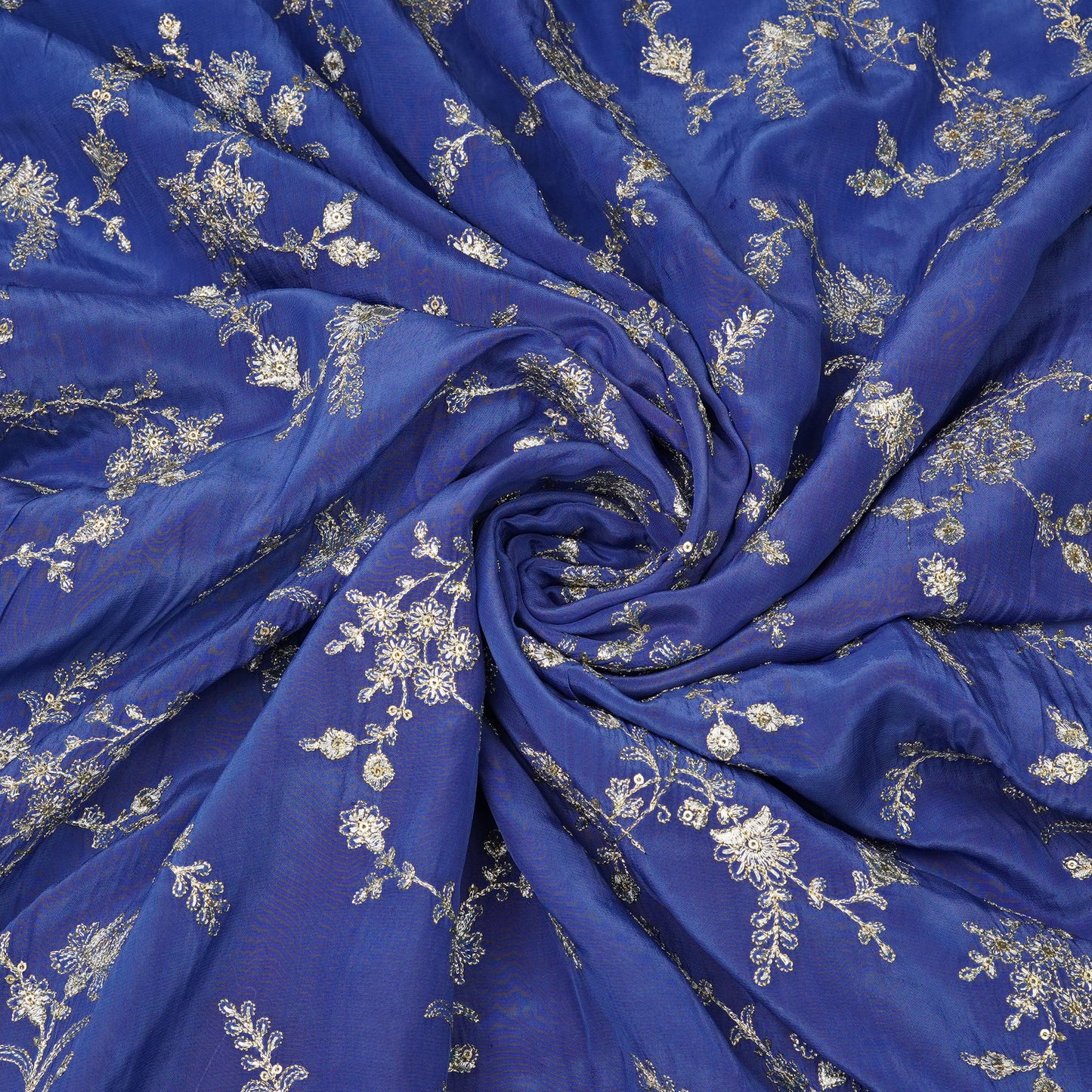 Royal Blue Silver Floral Embroidery Fabric.