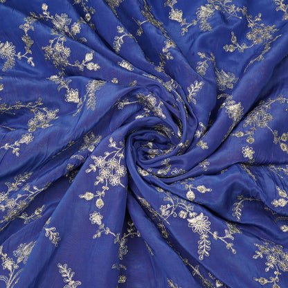 Royal Blue Silver Floral Embroidery Fabric.