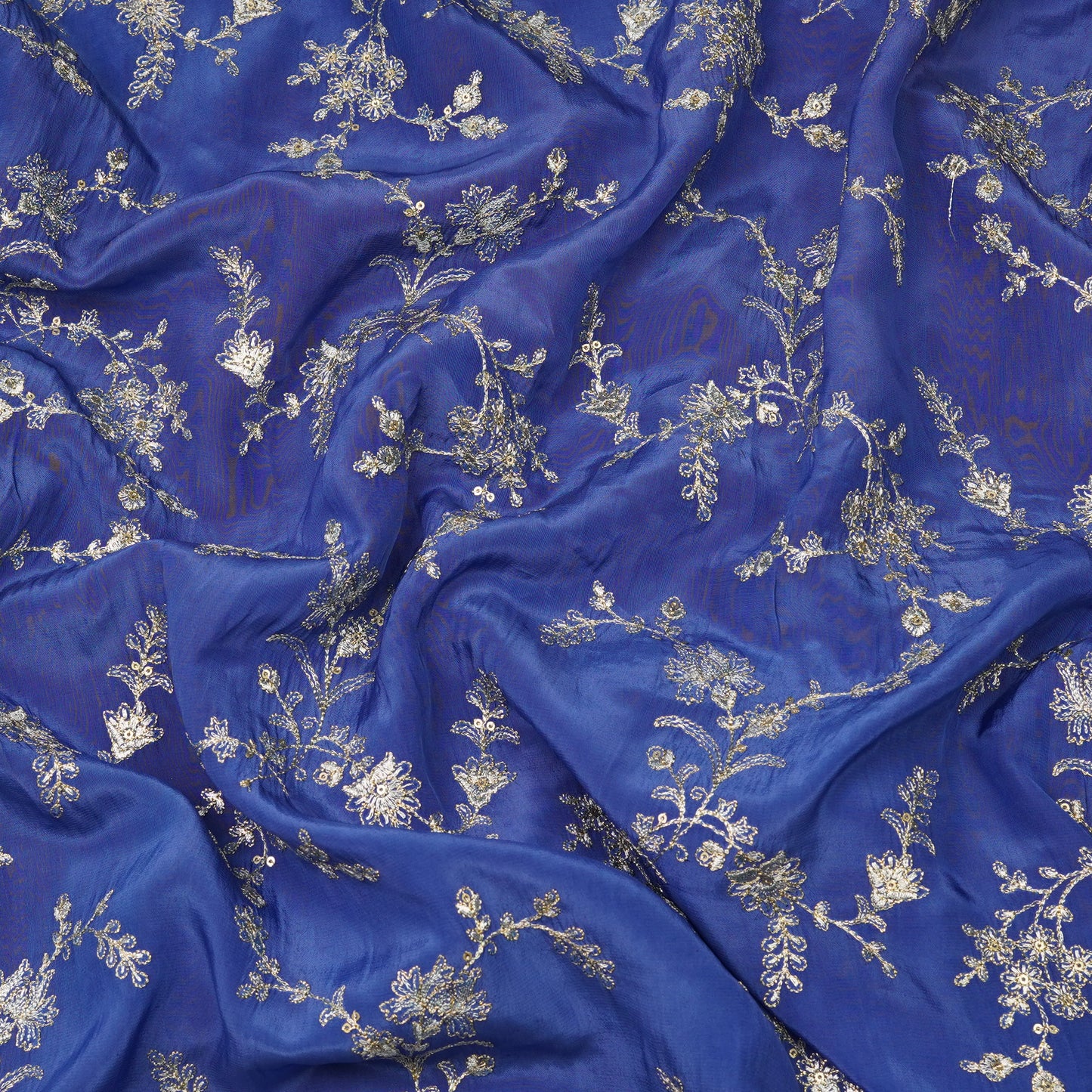 Royal Blue Silver Floral Embroidery Fabric.