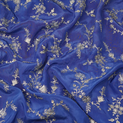 Royal Blue Silver Floral Embroidery Fabric.