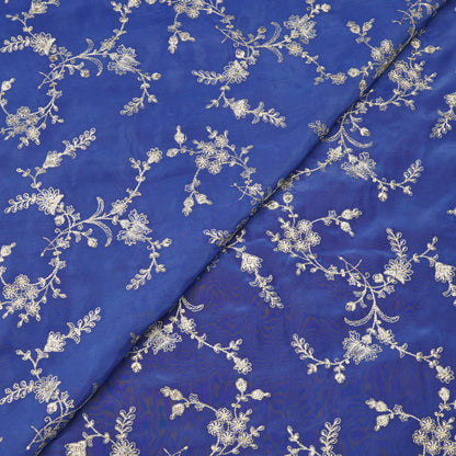Royal Blue Silver Floral Embroidery Fabric.