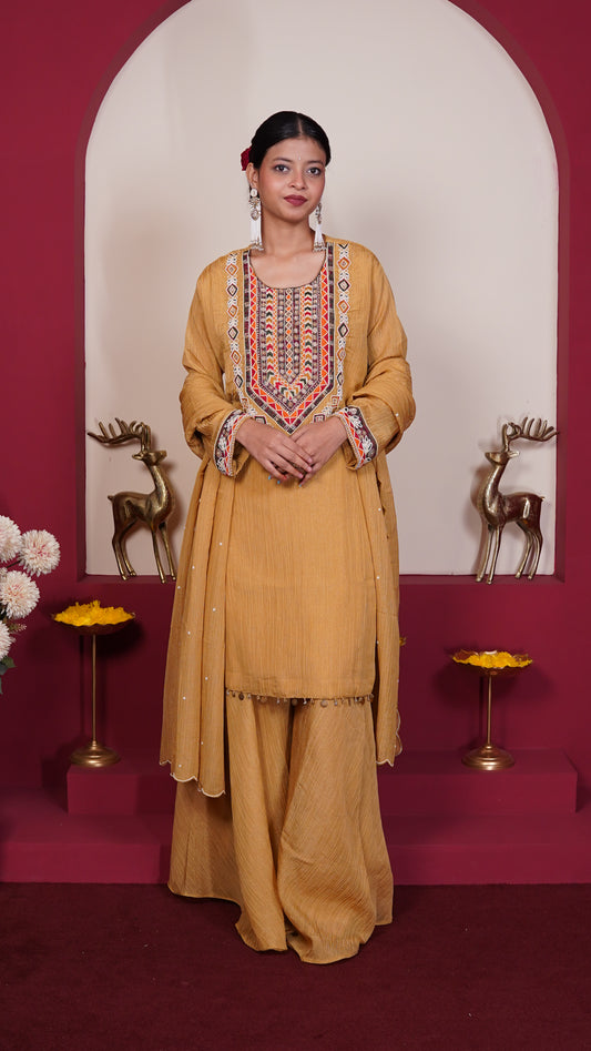 Mustard Heritage Embroidered Suit Set.