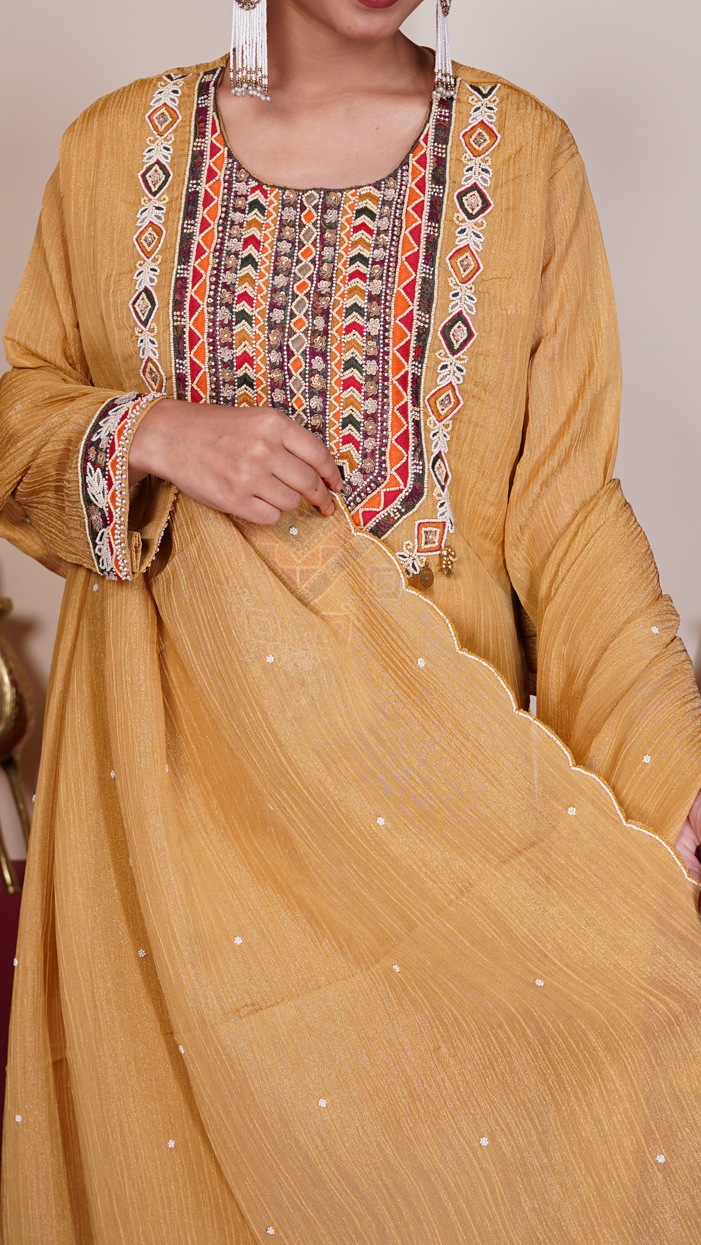 Mustard Heritage Embroidered Suit Set.