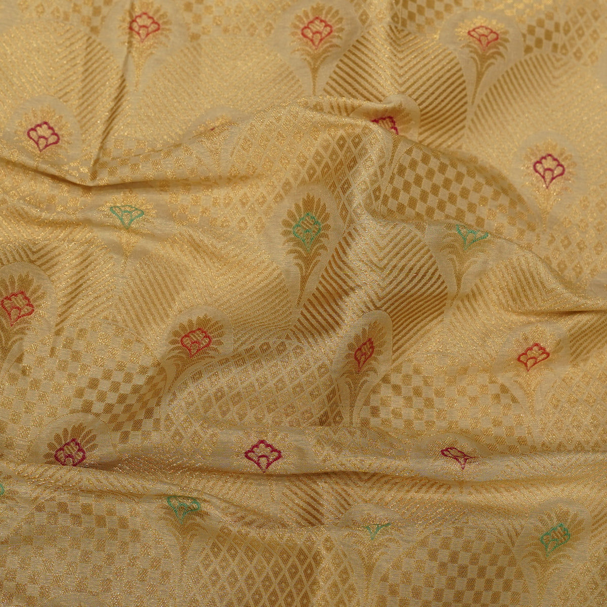 Premium Golden Jacquard Fabric with Multicolour Butti Work