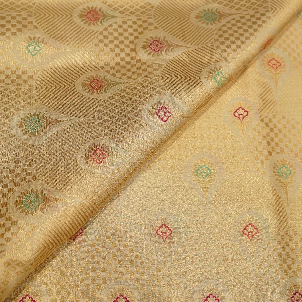 Premium Golden Jacquard Fabric with Multicolour Butti Work