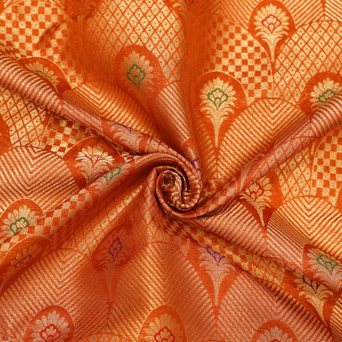 Premium Orange & Gold Multicolour Floral Geometric Brocade Fabric