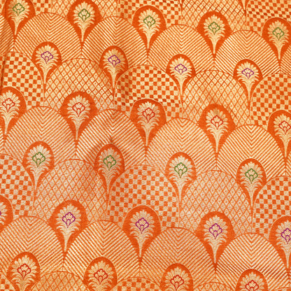 Premium Orange & Gold Multicolour Floral Geometric Brocade Fabric