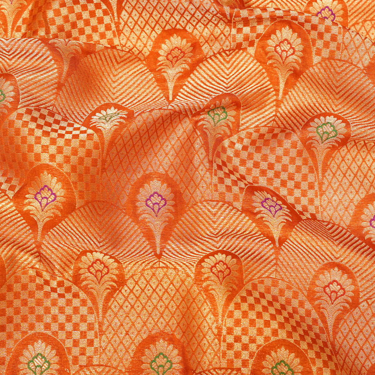 Premium Orange & Gold Multicolour Floral Geometric Brocade Fabric