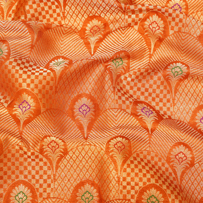 Premium Orange & Gold Multicolour Floral Geometric Brocade Fabric