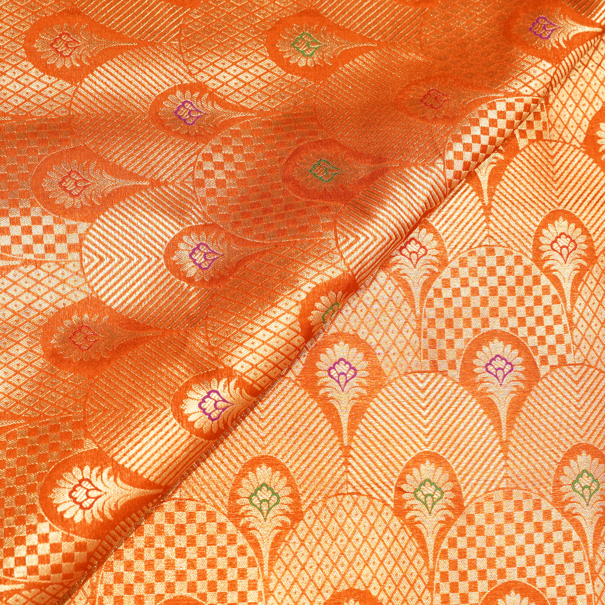Premium Orange & Gold Multicolour Floral Geometric Brocade Fabric