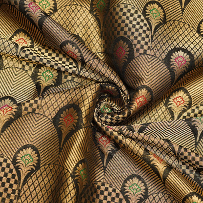 Premium Black & Antique Gold Multicolour Floral Geometric Brocade Fabric