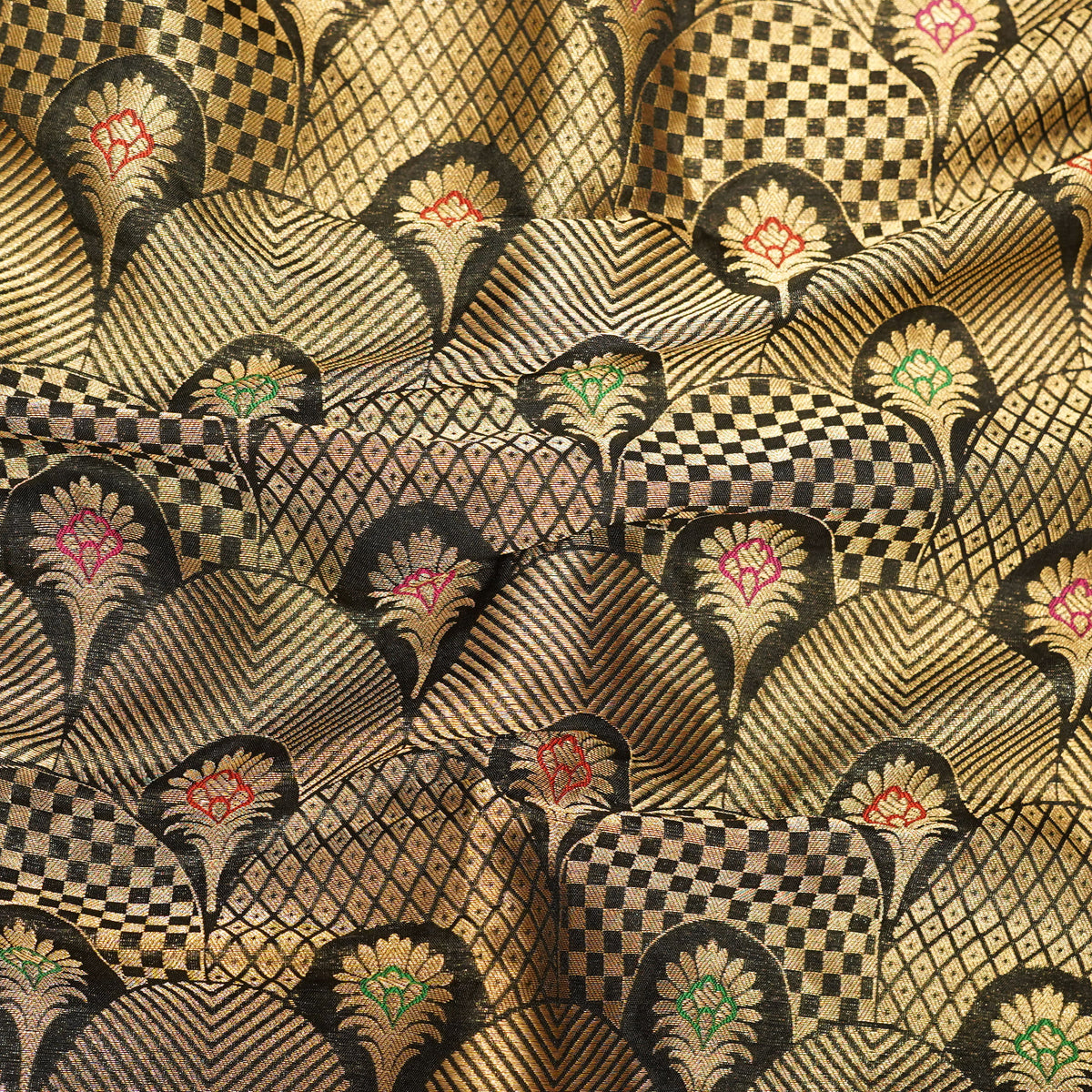 Premium Black & Antique Gold Multicolour Floral Geometric Brocade Fabric