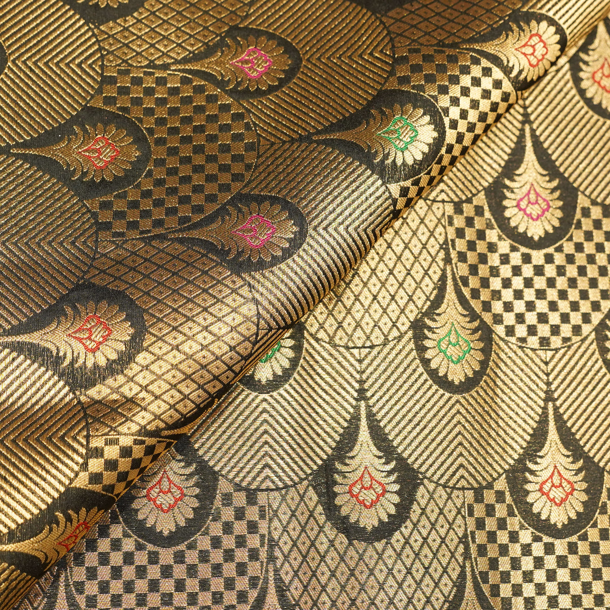 Premium Black & Antique Gold Multicolour Floral Geometric Brocade Fabric