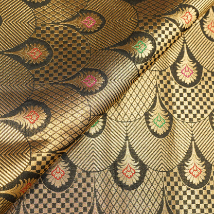 Premium Black & Antique Gold Multicolour Floral Geometric Brocade Fabric
