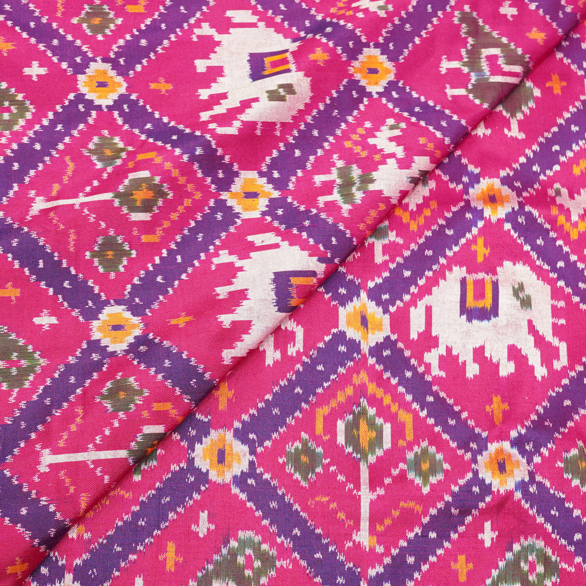 Premium Rani Pink Multicolour Ekat-Inspired Geometric Printed Fabric