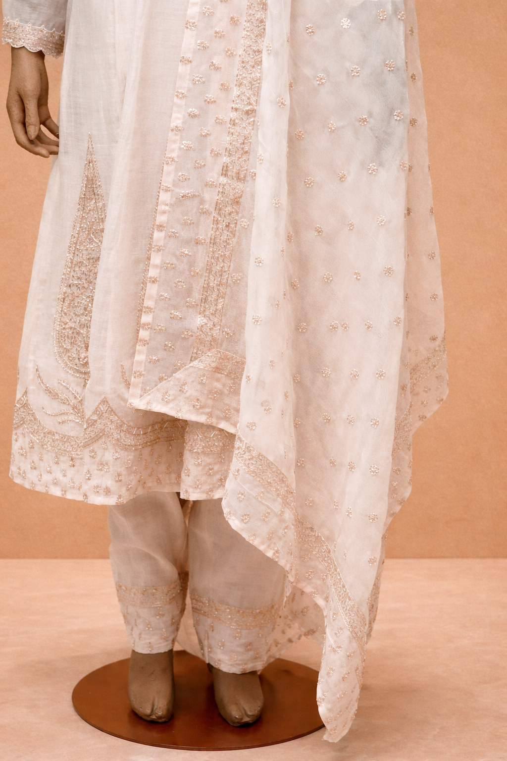 Elegant White & Blush Embroidered Kurta Set with Dupatta