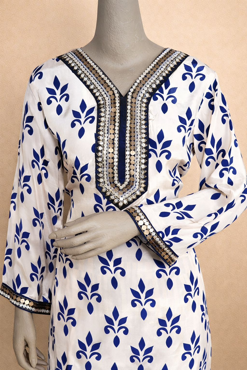 Blue & White Printed Cord Set with Striped Pants